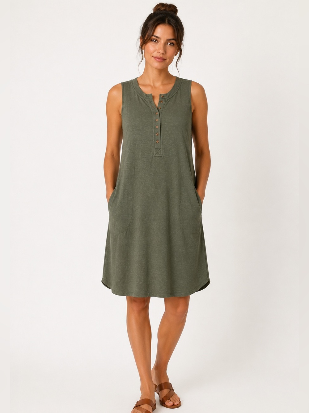 J.Jill Olive Henley Pocket Dress | L Petite | Cotton Tencel Modal
